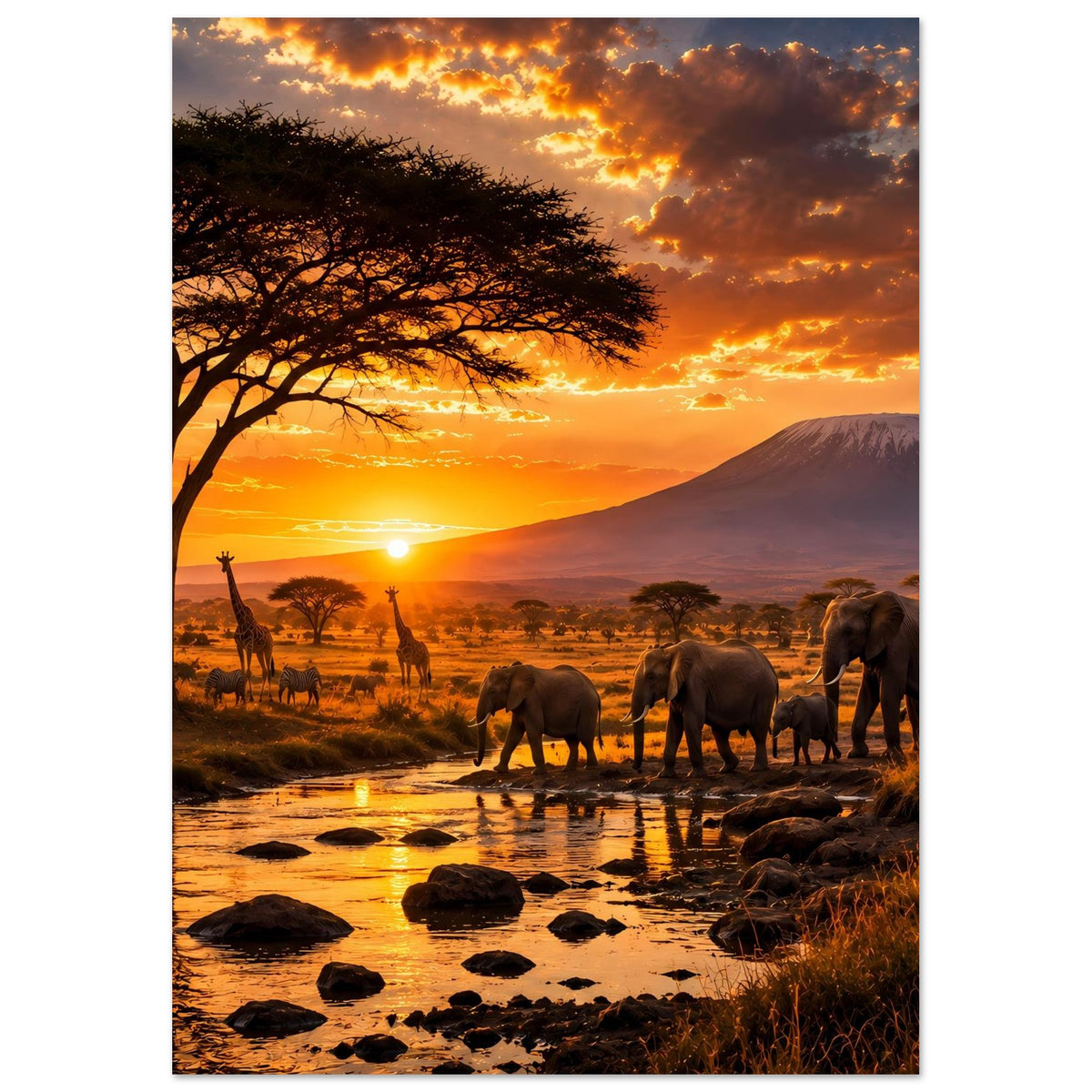 Safari-Sonnenuntergangsposter: Elefantenherde am Wasser, Akazienbaum und Berg unter goldenem Himmel
