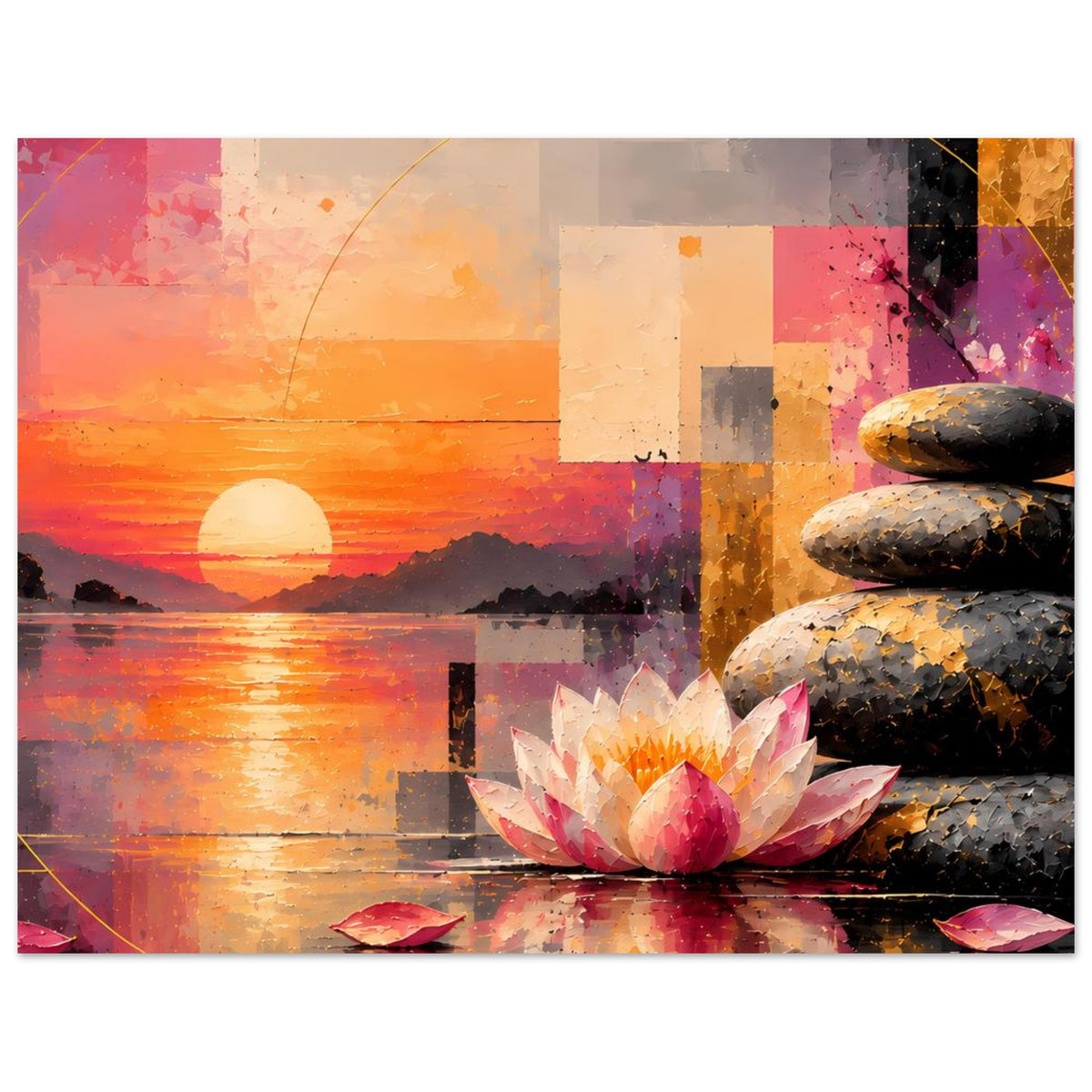 Querformatiges Poster: Sonnenuntergang links, Lotusblüte unten, Zen-Steine rechts, farbige Collage