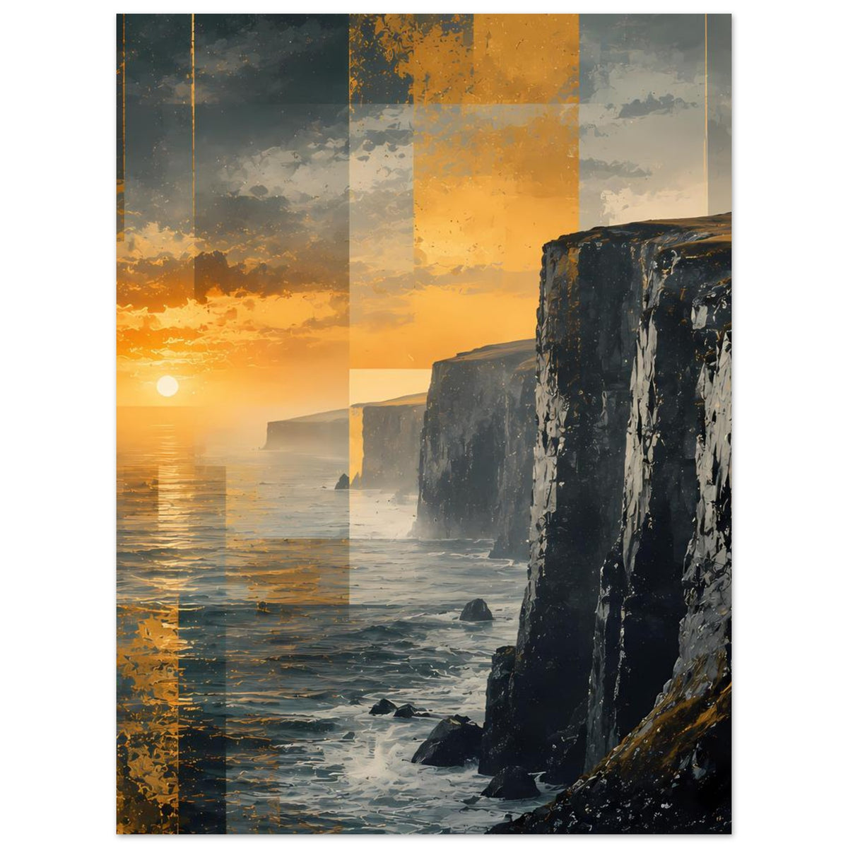 Küstenposter mit Sonnenuntergang, Meer und hohen Felsklippen in Orange-Blau-Tönen