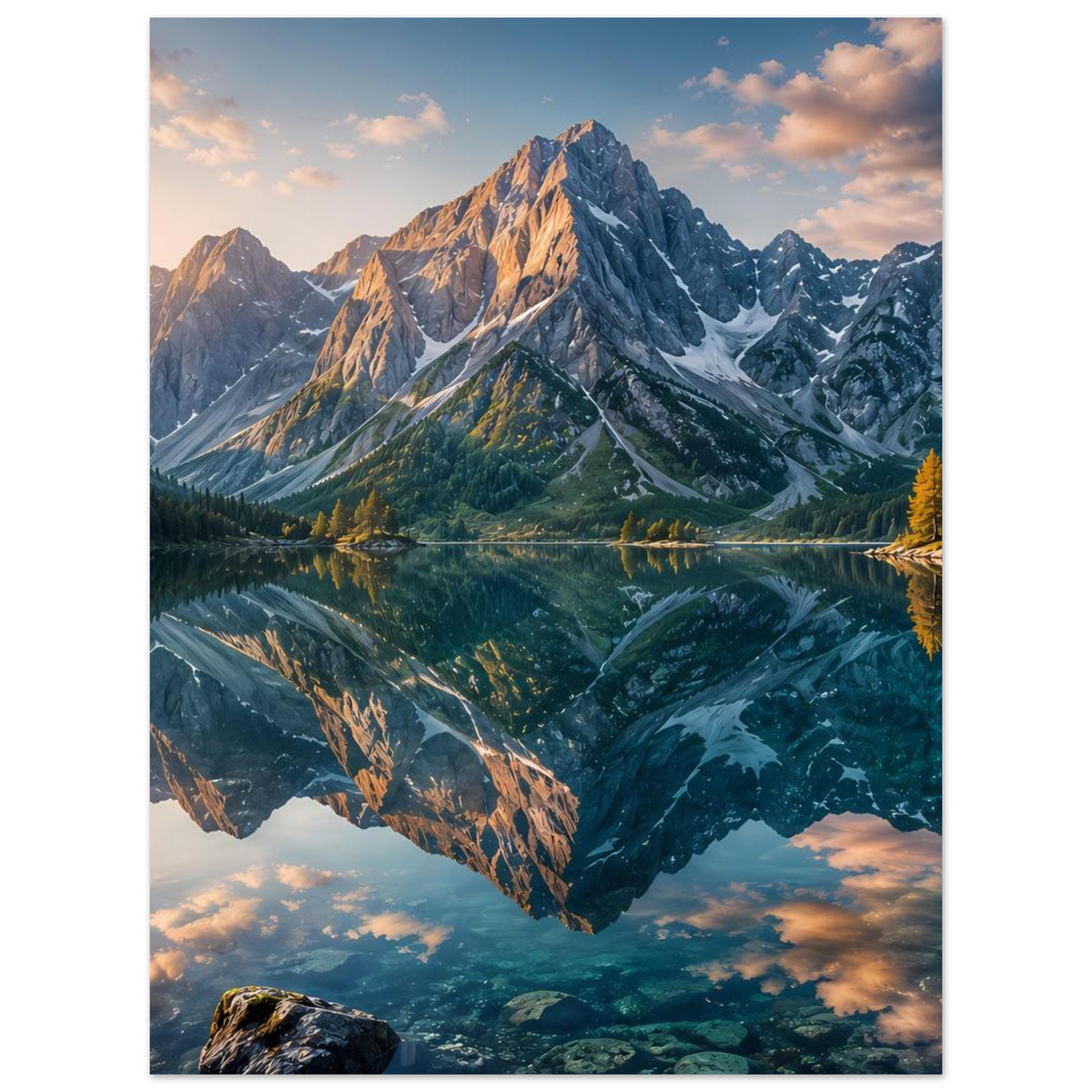 Poster mit Berglandschaft und spiegelndem See, reflektiertes Tal im Abendlicht