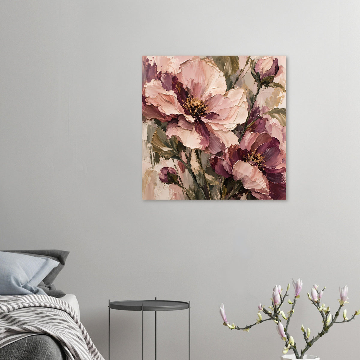 Quadratisches Blumenposter mit rosafarbenen und mauvefarbenen Blüten