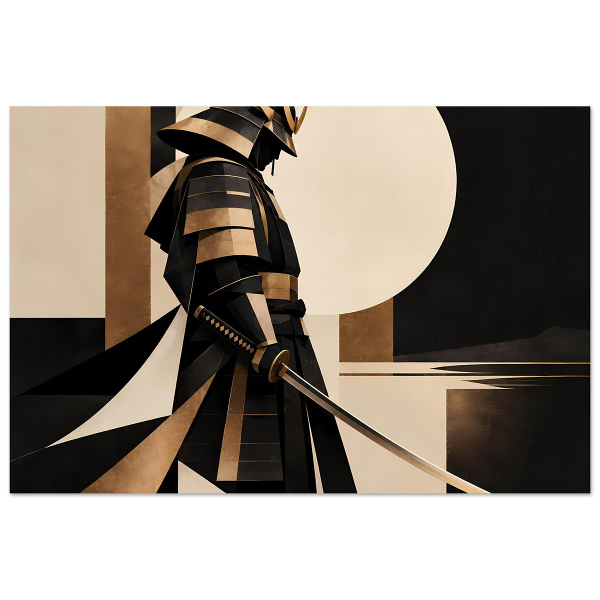 Horizontales Kunstposter mit Samurai-Silhouette, geometrischen Rechtecken in Schwarz und Gold