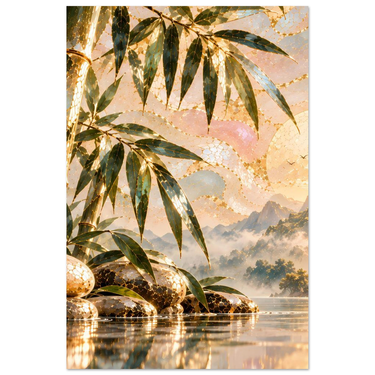 Zen-Poster im Hochformat: Bambus, runde Goldsteine am Ufer, Wasserfläche und Berge im Dunst