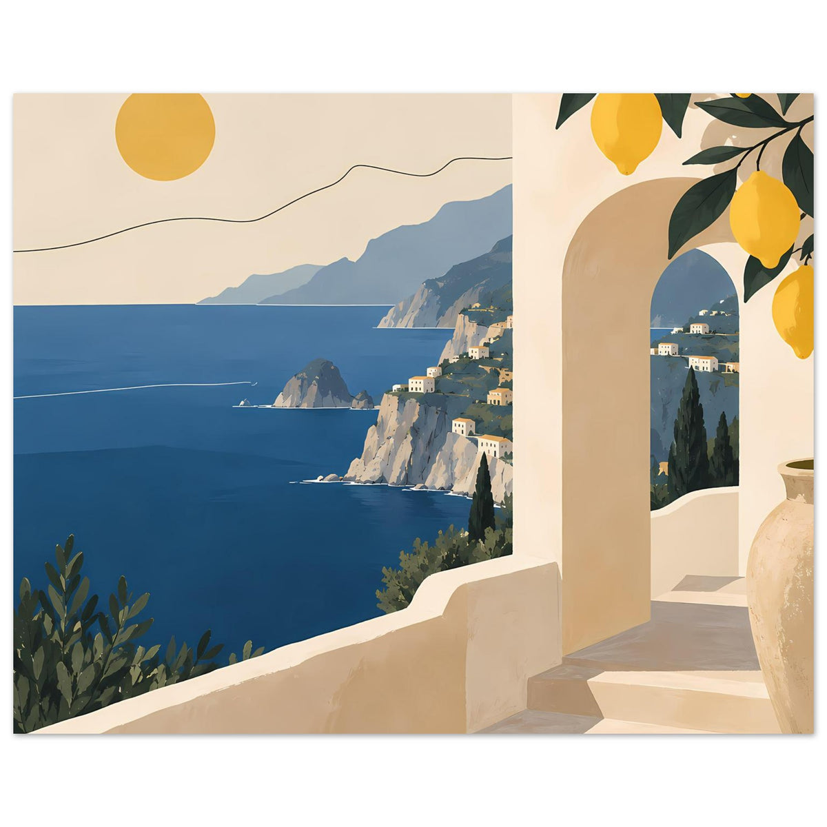 Mediterranes Landschaftsposter: Meer und Klippen, rechts Zitronen am Balkonbogen