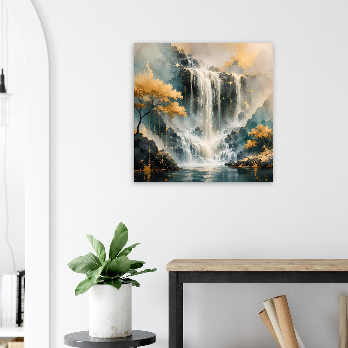 Quadratisches Wandposter mit Wasserfall-Motiv, goldene Akzente und kühle Blautöne