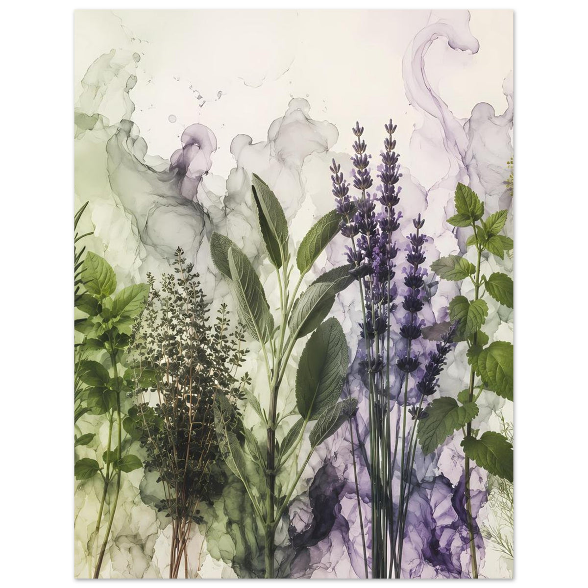 Botanisches Poster mit Lavendelrispen, Blattwerk und Kräuterstängeln, großflächige Illustration