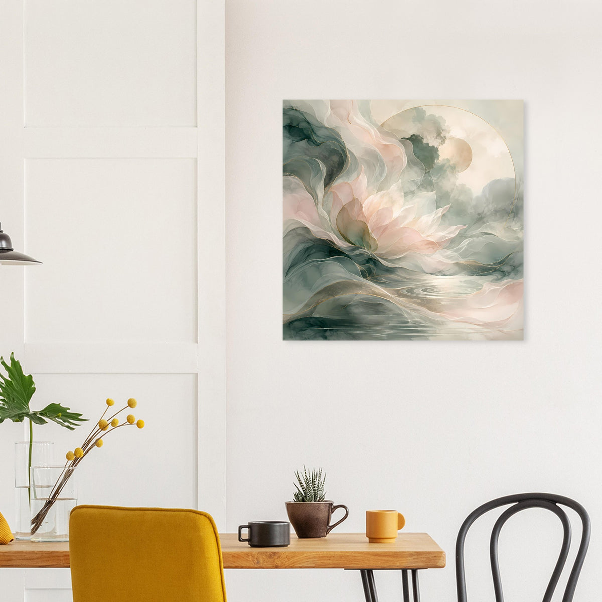 Blumiges Poster mit abstrakten Wellen in dunklem Grün und hellem Rosa auf matter Papieroberfläche