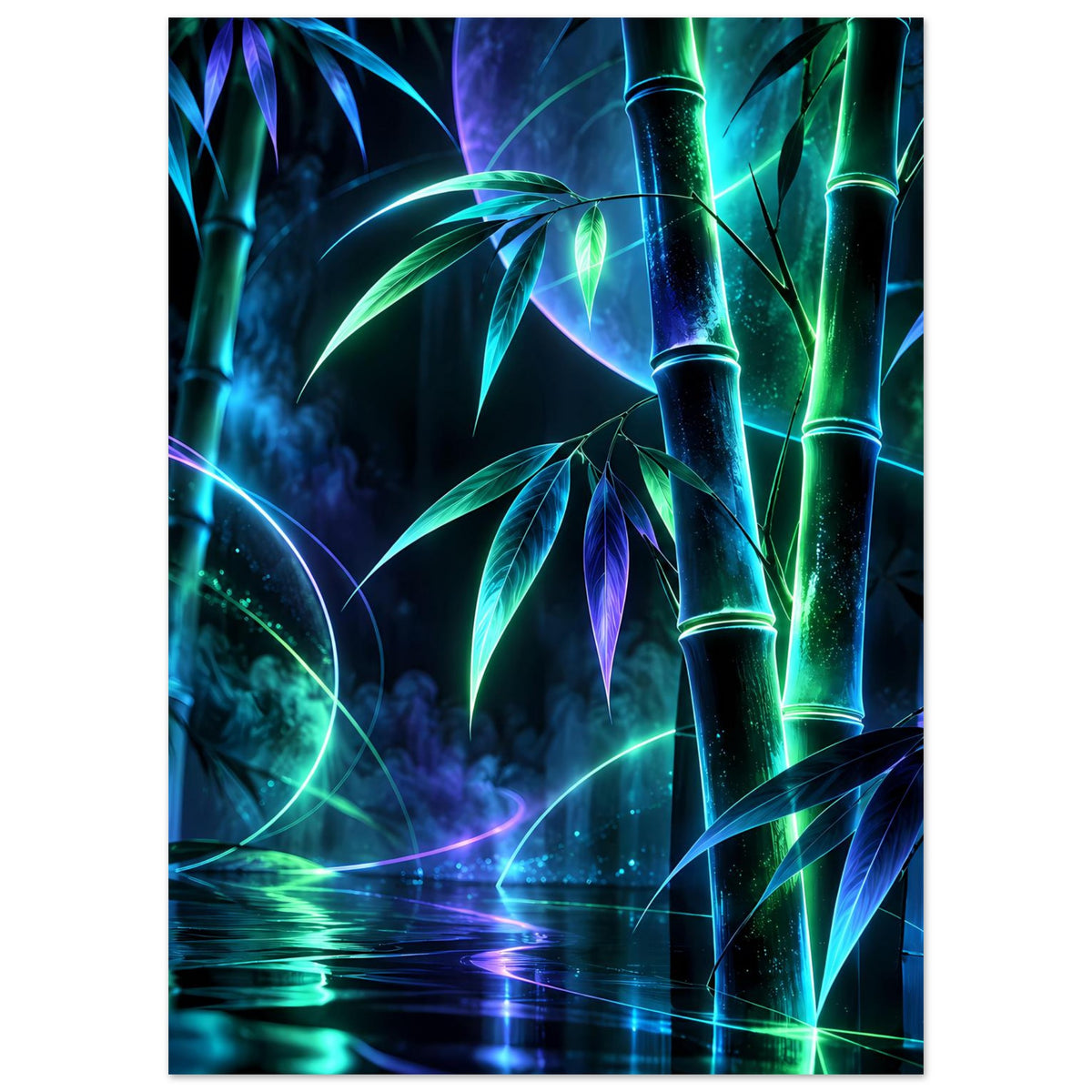 Leuchtendes Neon-Bambusposter, hochformatig: leuchtende Bambusstämme in Blau, Grün und Lila.
