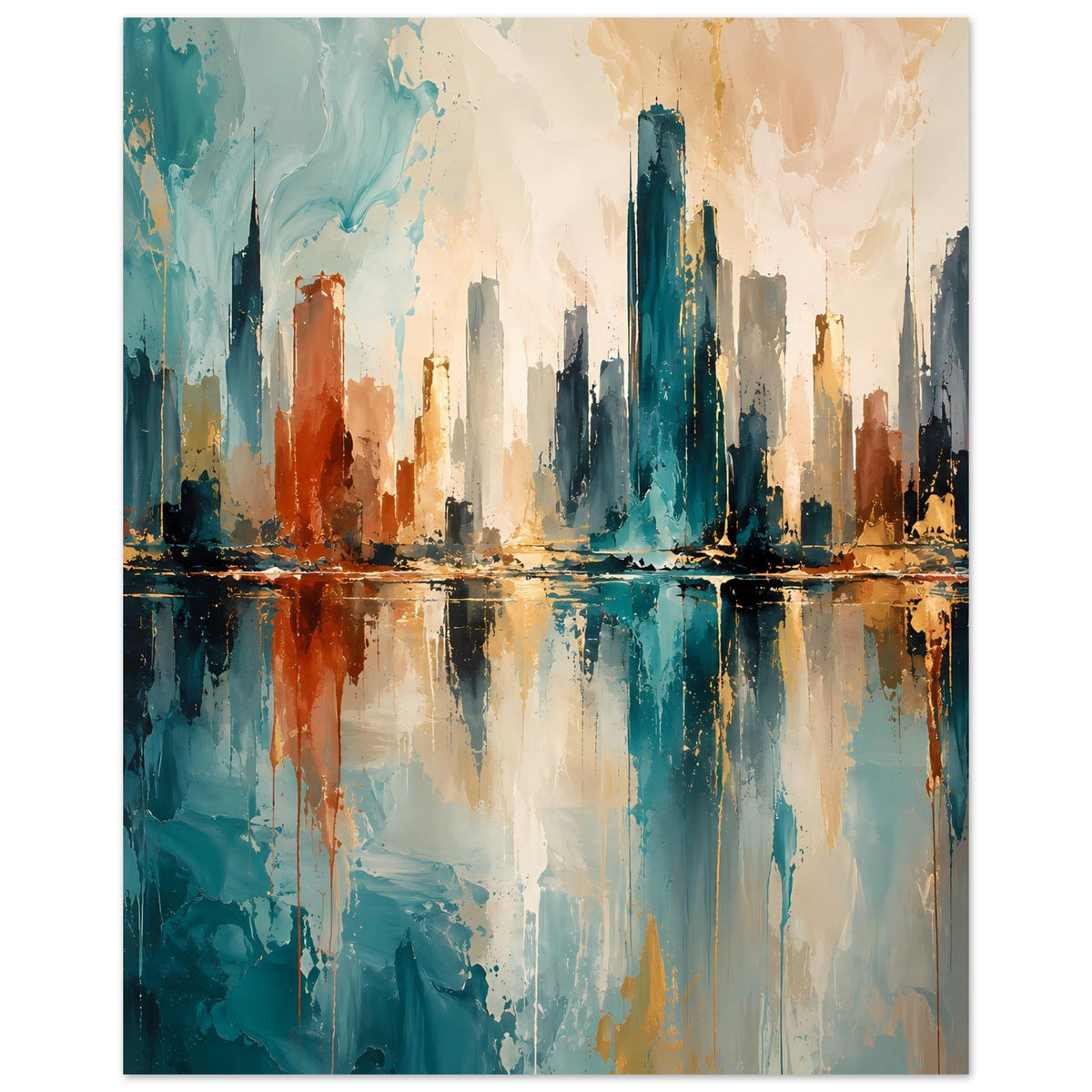 Abstraktes Skyline-Poster mit Wasserspiegelung, blau-goldene Farbflecken und Rostakzente