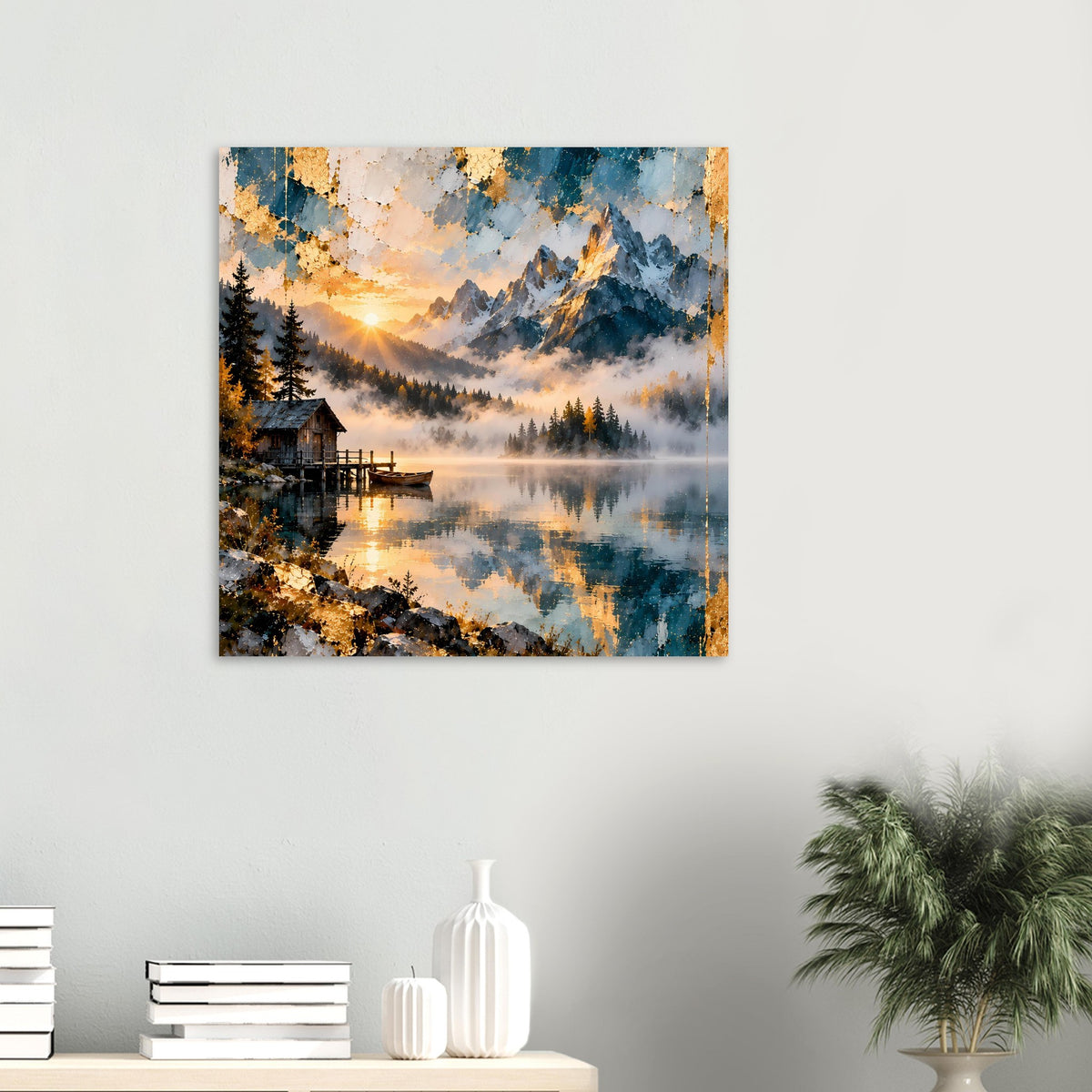 Wandposter mit Bergsee-Panorama, Sonnenaufgang über Wasser und Berge im Abendstil