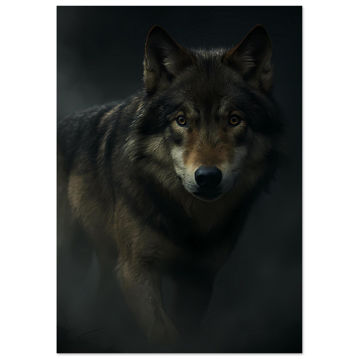 Poster mit Wolfsportrait: grauer Wolf frontal, Ohren sichtbar, dunkler Hintergrund