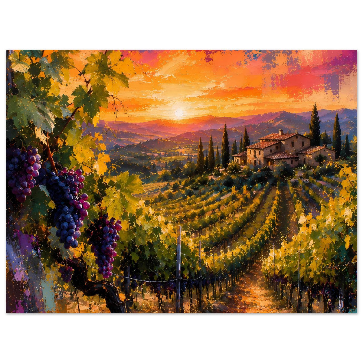 Vertikales Poster: Weinberge mit Landhaus rechts, Weintrauben links und orangefarbener Abendhimmel