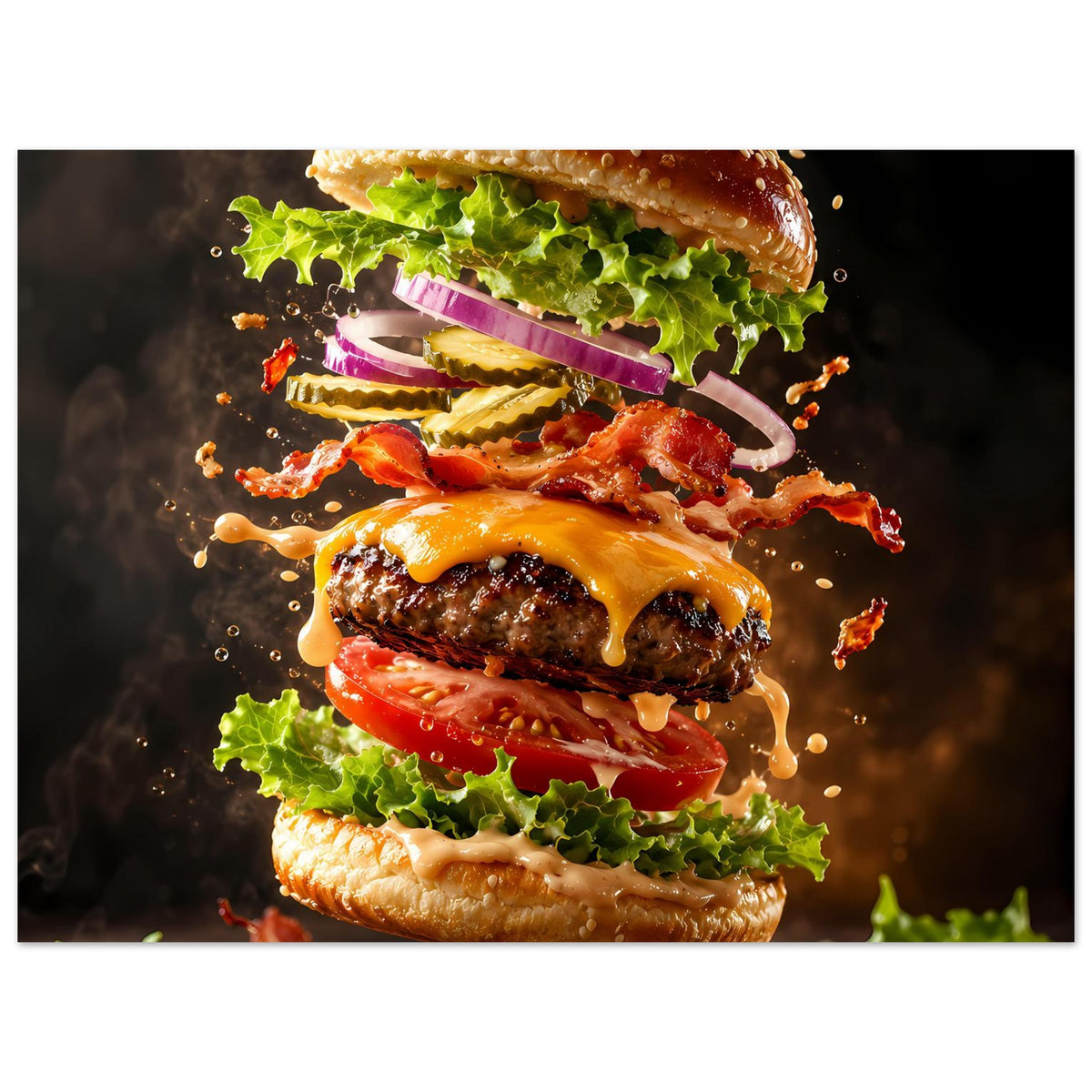 Querformatiges Burgerposter mit großem Burger-Motiv, Salat, Käse, Bacon und Spritz-Effekt.
