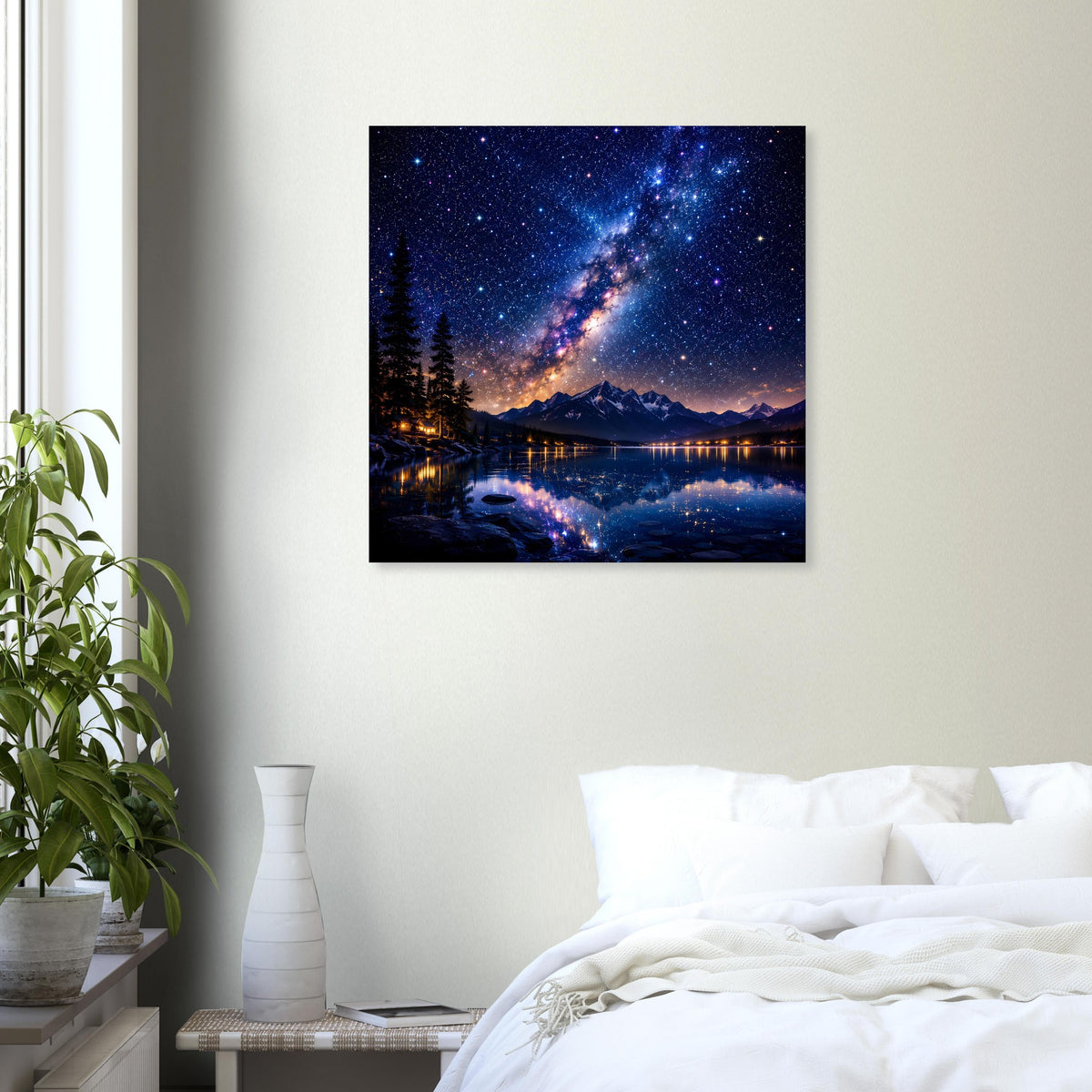 Quadratisches Poster: Sternenhimmel mit Milchstraße, Berge und reflektierender Seeoberfläche im Rahmen