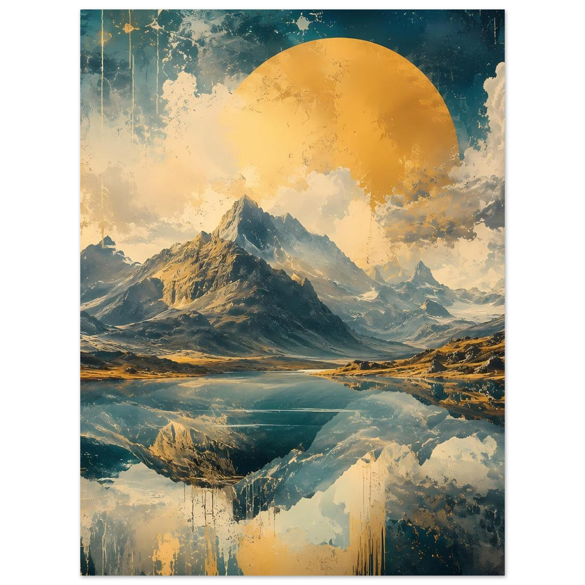 Wandposter mit spiegelnder Berglandschaft, goldener Sonne am Himmel und blauen Farbflächen