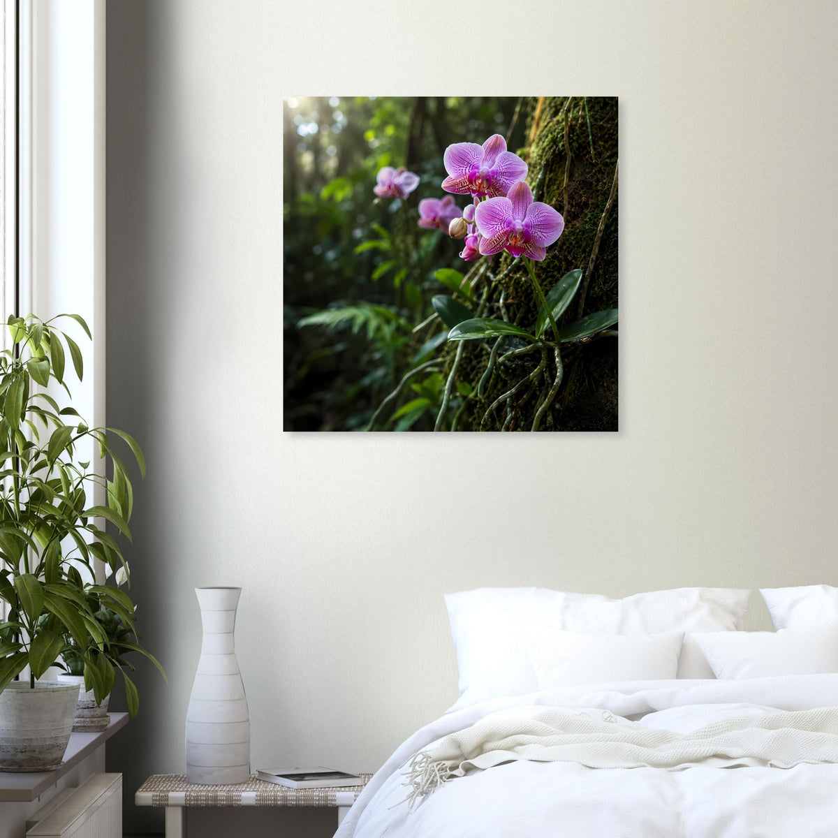 Quadratisches Poster mit rosa Orchideen im grünen Pflanzenumfeld