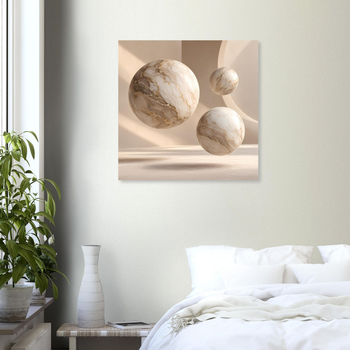 Quadratisches Wandposter mit drei Marmorkugeln, beige-weißer Marmoroptik und Linien