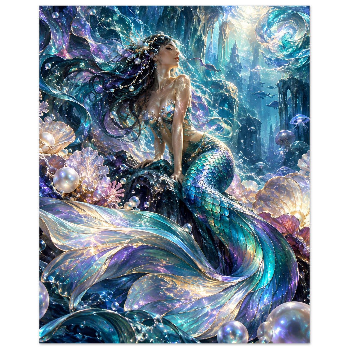 Fantasy-Poster Meerjungfrau mit schimmernder Flosse, Perlen, Korallen und blauem Wasser