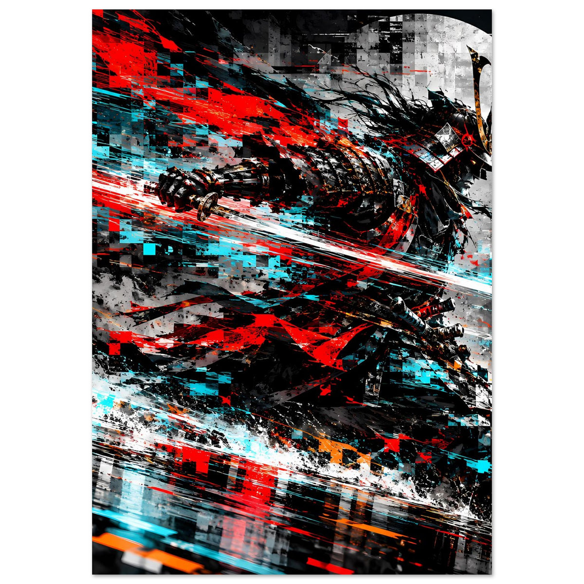 Vertikales Action-Poster mit Samurai-Illustration, Rot, Cyan, Schwarz-Weiß-Grafik und Dynamik