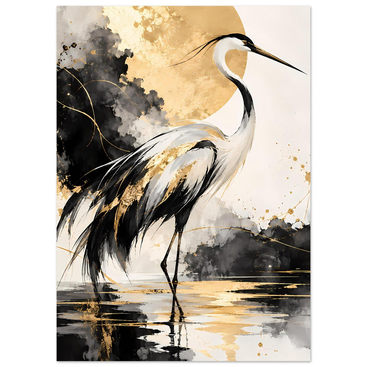 Vogelposter mit Kranichdarstellung, gold schimmernde Akzente, schwarze Federpartien