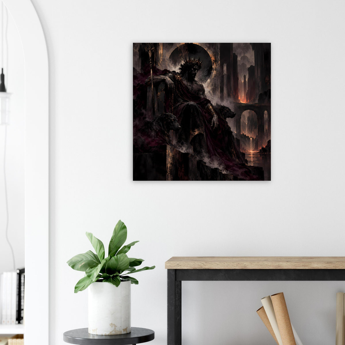 Dunkles Fantasy-Poster: Ritter im Halbdunkel, Vollmond, glühende Türme