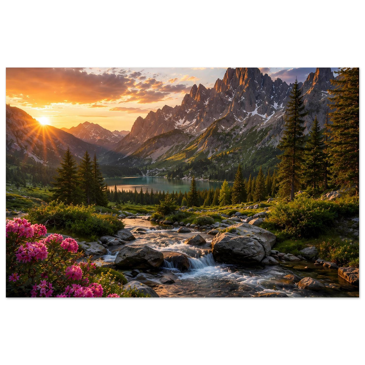 Wandposter mit Landschaft: Sonnenaufgang über Bergen, See, Bach und Fichten, mit rosa Blüten