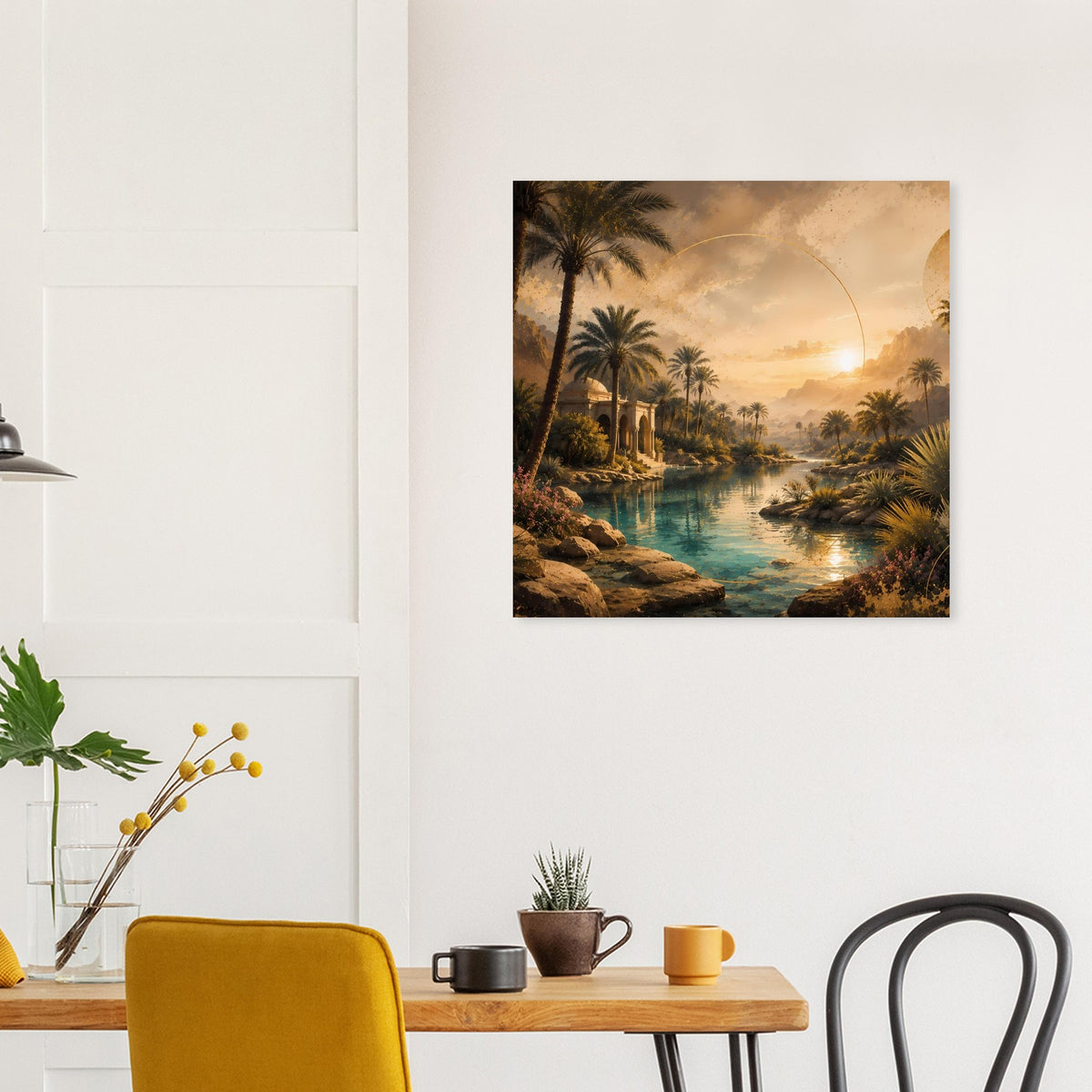 Gerahmtes Wandposter mit Palmen am Fluss und goldfarbenem Himmel