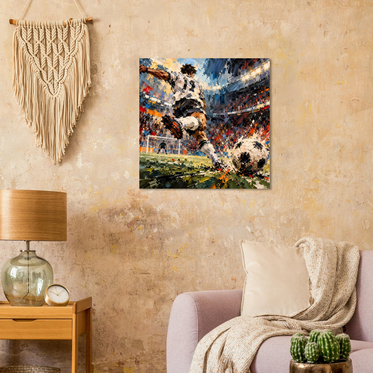 Quadratisches Fußball-Actionposter: Spieler mit Ball im Flug, farbige Pralleffekte