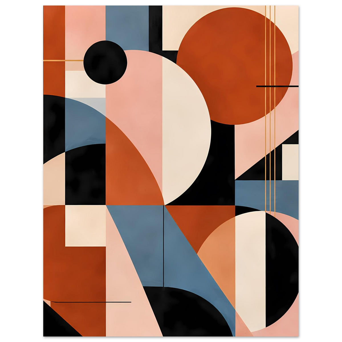 Geometrisches Kunstposter mit abstrakten Rechtecken, Kreisbögen und vertikalen Linien in Pastelltönen