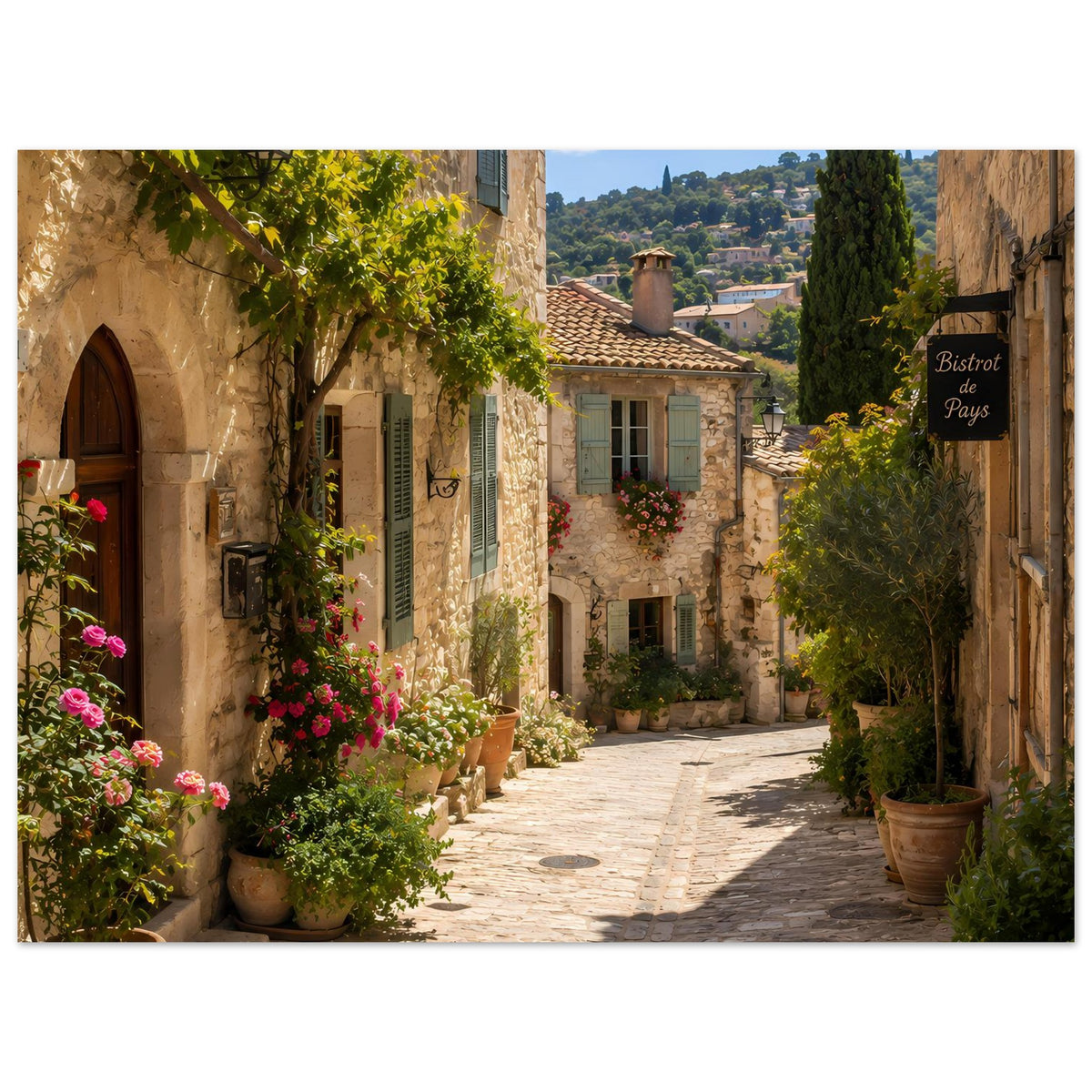 Querformat-Poster: sonnige Provence-Gasse mit Natursteinhäusern, Blumen und „Bistro de Pays“