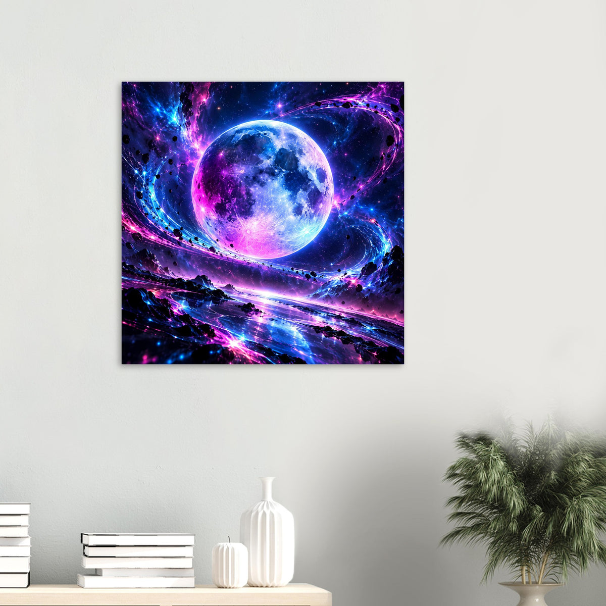 Quadratisches Galaxie-Poster mit violettem und blauem Planeten, Ringen und leuchtenden Staubspuren