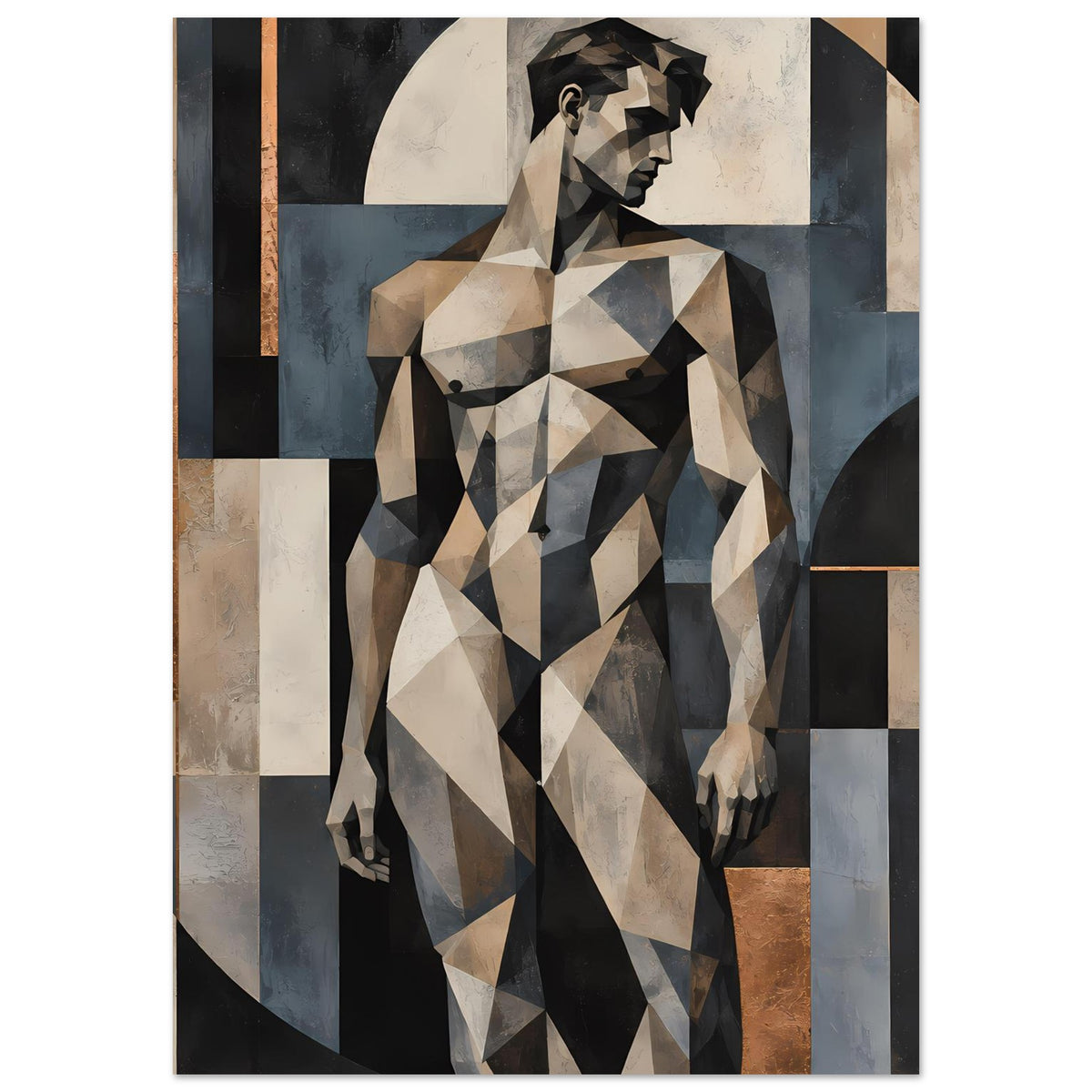 Kunstposter mit geometrischer Aktfigur im Profil, Kopf leicht gedreht, Erdtöne, beige und dunkles Blau