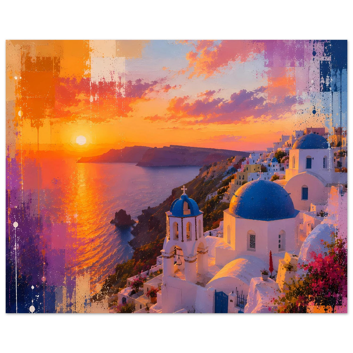Wandposter im Querformat mit Küste bei Sonnenuntergang, orange Lichtreflexe und blaue Kuppeln
