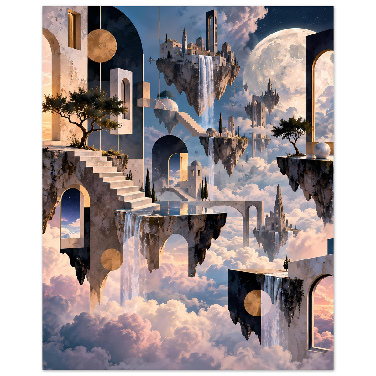 Surreales Poster mit schwebenden Inseln, Tür- und Bogenöffnungen, großer Mondscheibe