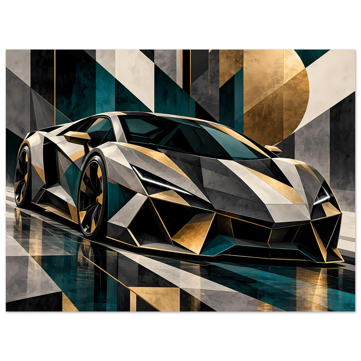 Sportwagen-Poster: Luxus-Sportwagen, silberne Geometrie, Schwarz und Gold, Petrolfenster