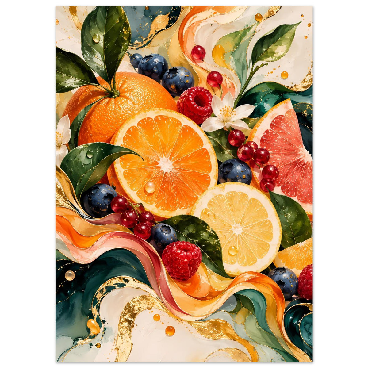 Rechteckiges Poster mit Früchten im Mix: Orangen, Grapefruit-Scheiben, Blaubeeren & Blätter