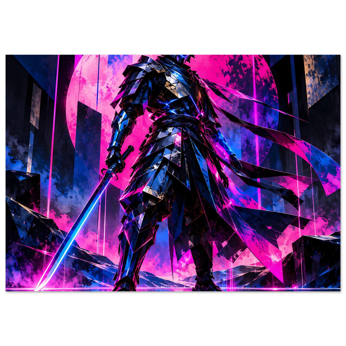 Poster im Querformat: stehender Samurai-Krieger, pink-blaue Neonlinien, Spiegelung