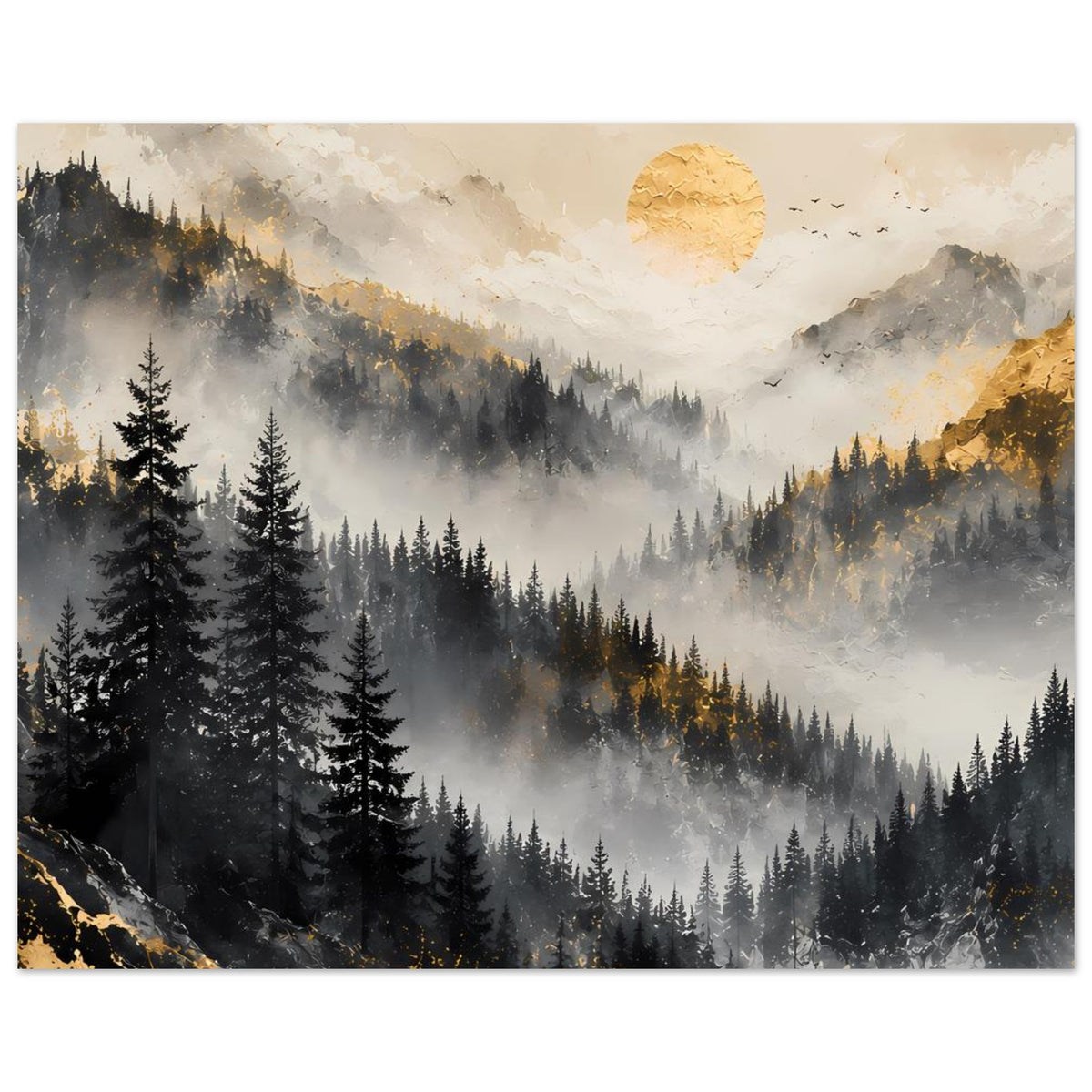 Horizontales Landschaftsposter mit Nebel, Bergkämmen, Tannen und goldenem Mond