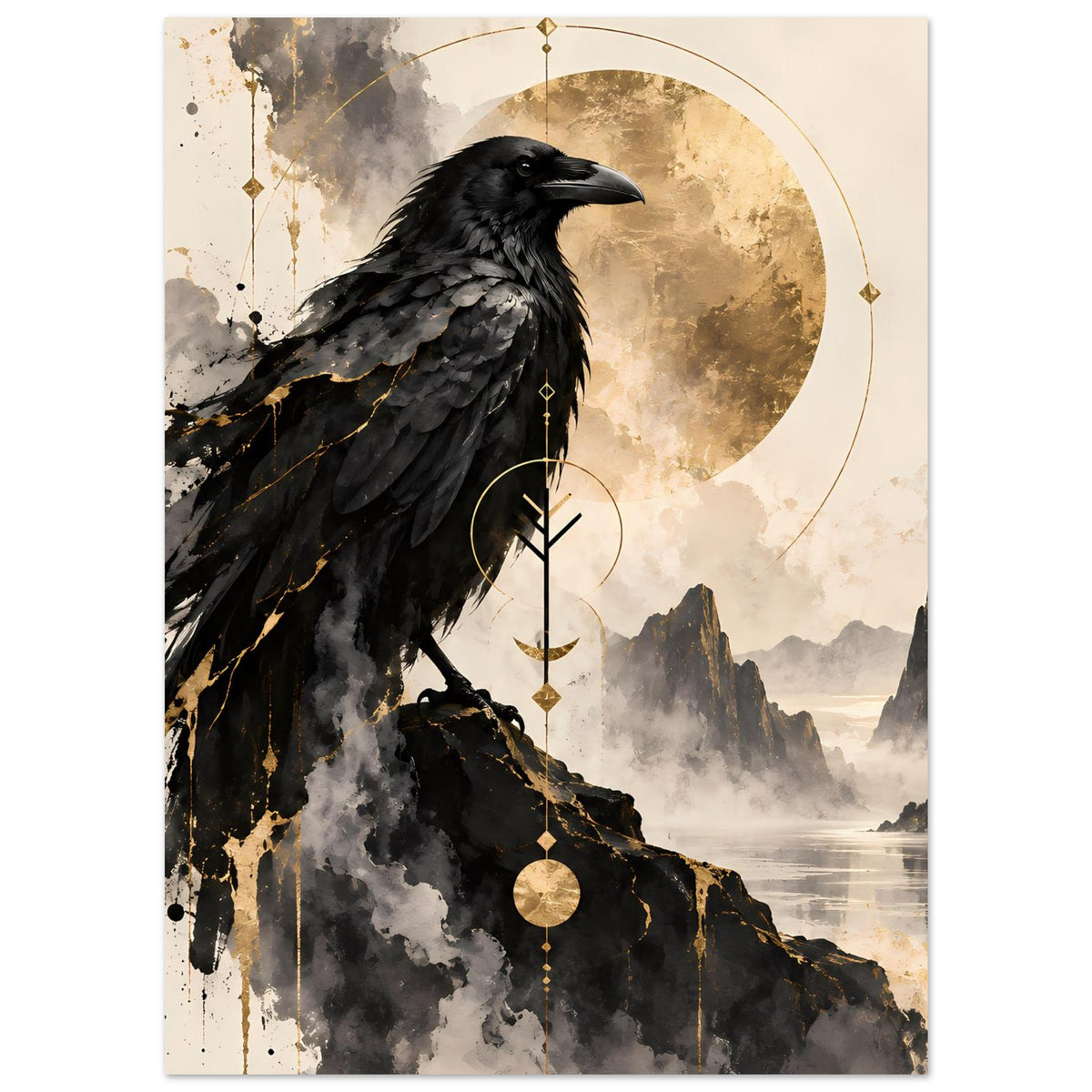 Vogelkunst-Poster: schwarzer Rabe im Halbprofil, goldene Mondscheibe und Kettenlinien
