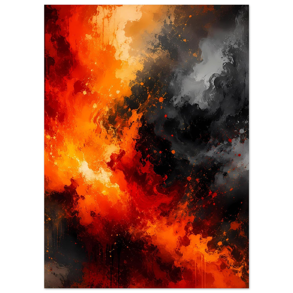 Abstraktes Poster: Flammenwirbel in Orange/Rot, darüber dunkler Rauch in Grau