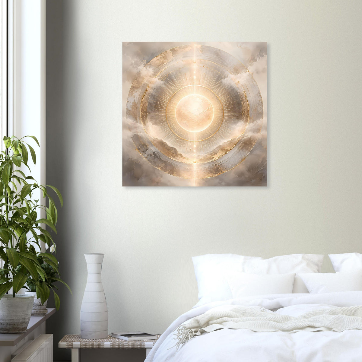 Quadratisches Wandposter: leuchtender Sonnenkreis mit goldenen Strahlen und Ringen