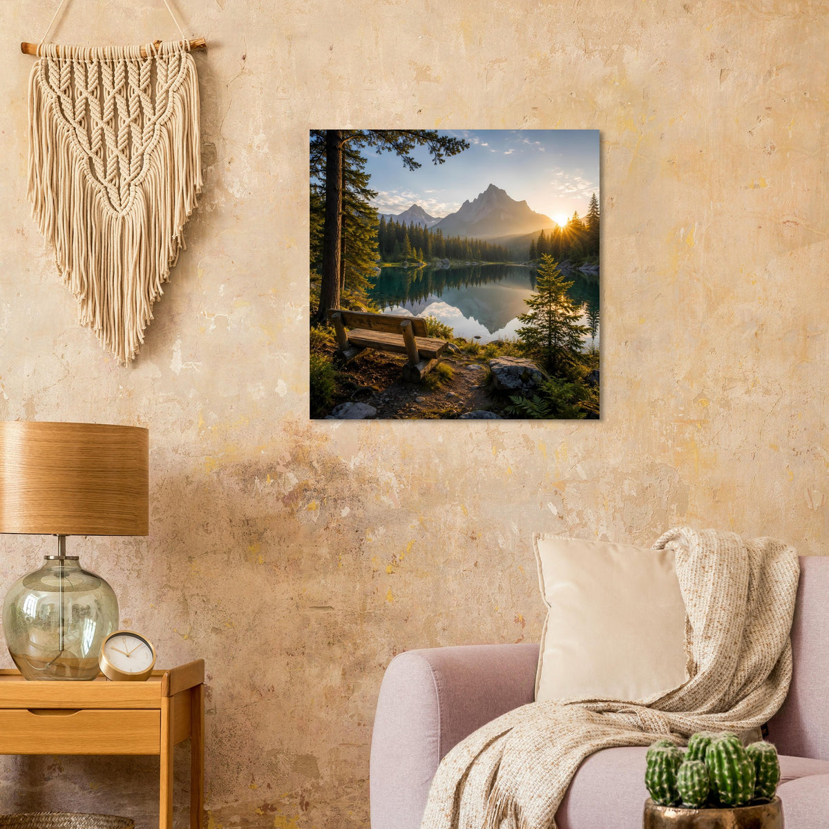 Quadratisches Poster: Sonnenaufgang über Bergsee, Wald und Bank am Ufer
