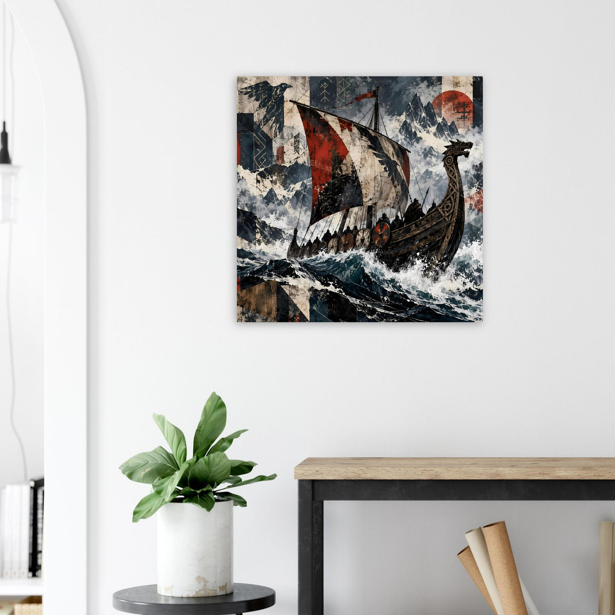 Wandbild-Poster mit Wikinger-Langschiff, rotem Segel und Küstenszenerie in Blau und Grau