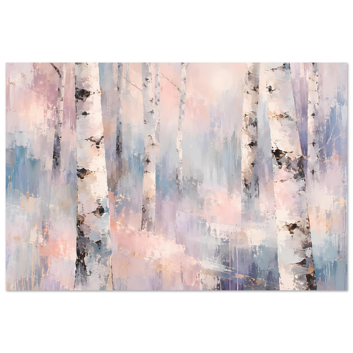 Naturposter Birkenwald, pastellige Waldszene mit hellen Baumstämmen und dunklen Punkten.