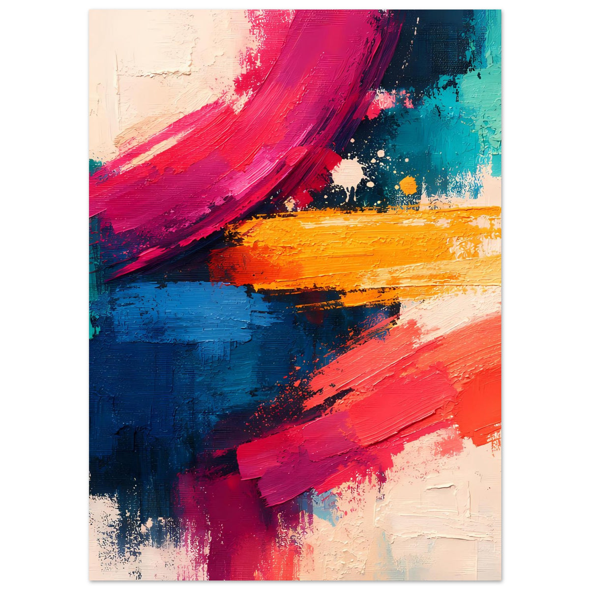 Abstraktes Poster mit großen Pinselbögen in Pink, Blau, Türkis und Orange