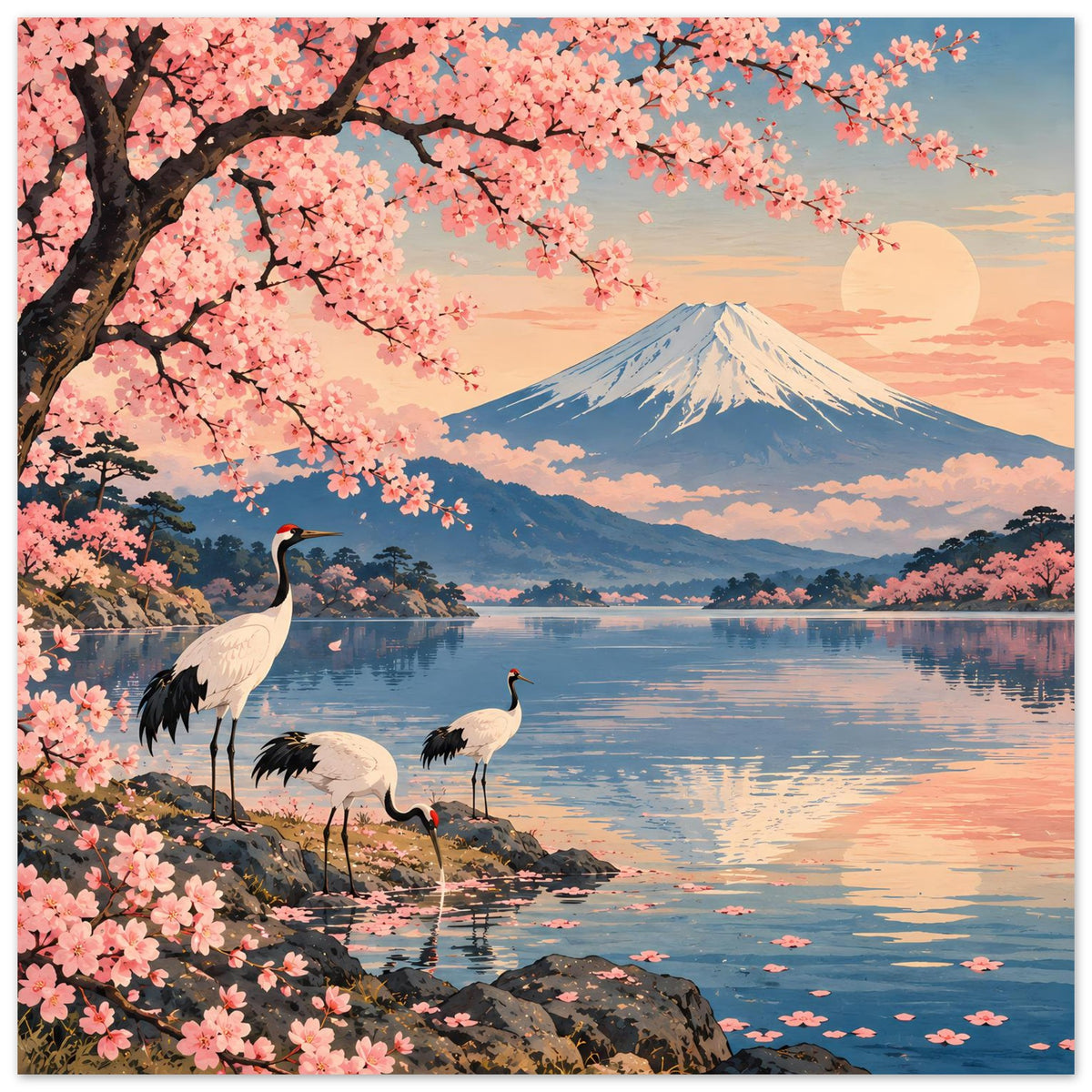 Japanisches Landschaftsposter mit rosa Kirschblüten, Kranichen, Fuji und blauem See