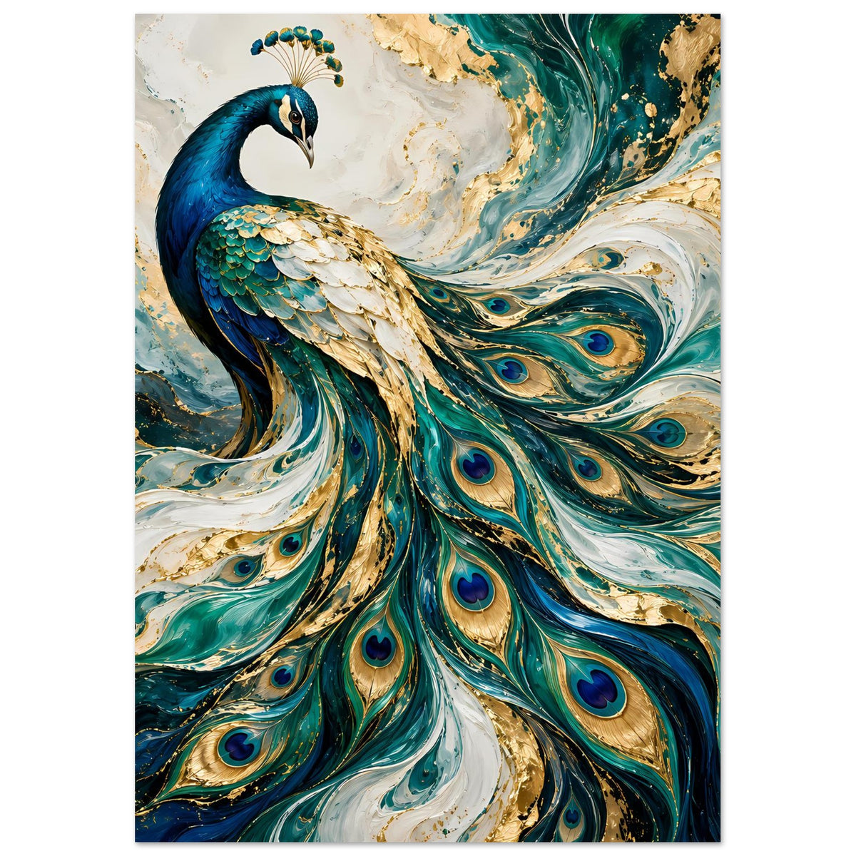 Pfauen-Kunstposter im Hochformat: blauer Pfau mit goldenen Akzenten und Pfauenaugen.