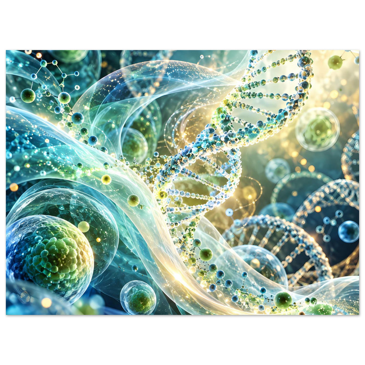 DNA-Doppelhelix-Poster: leuchtende Fäden, grüne Moleküle und gläserne Kugeln in Blau-Grün