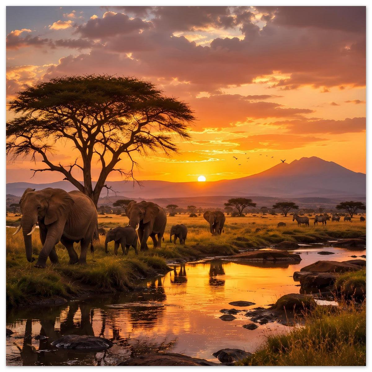 Elefanten-Savannenposter: Akazienbaum und Elefanten vor Flusslandschaft, Sonnenuntergang.