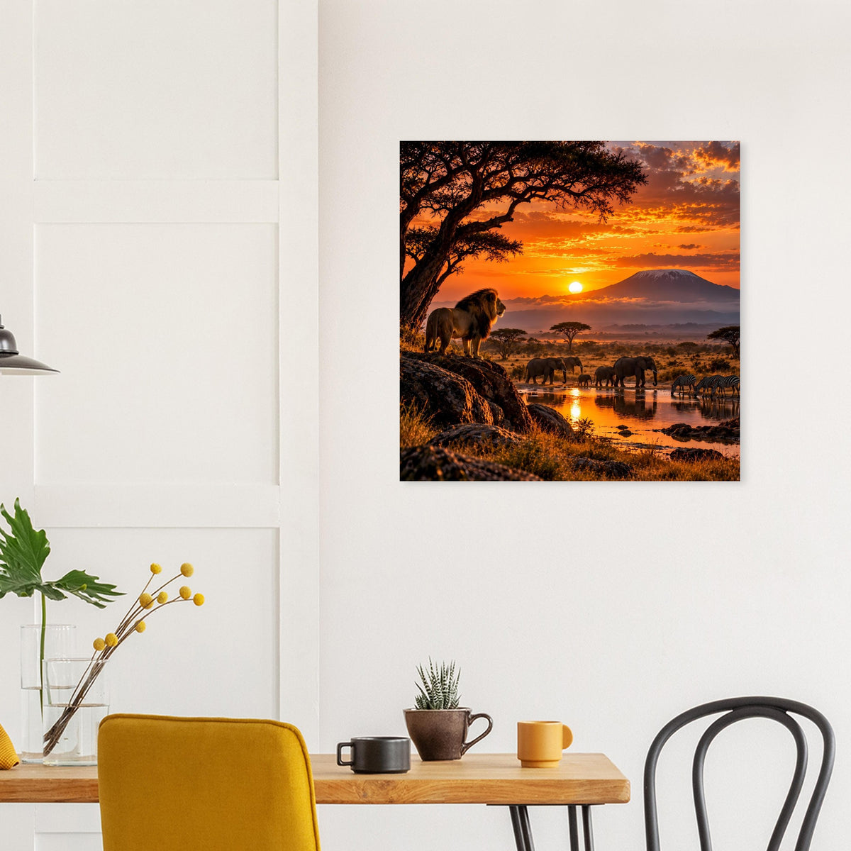 Poster mit afrikanischem Sonnenuntergang, Elefanten im Gras entlang des Flusses